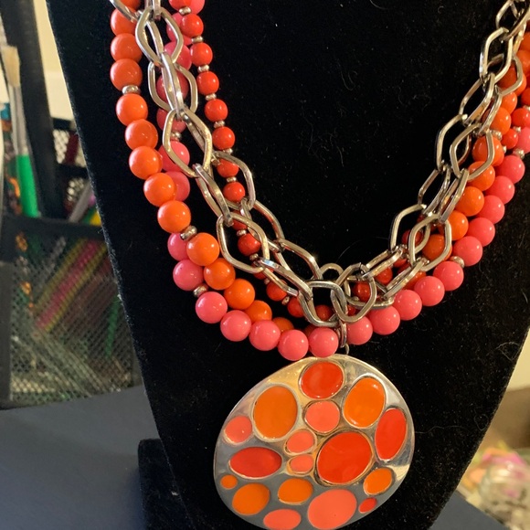 Coral & Orange Beaded Pendant Necklace - Picture 6 of 7